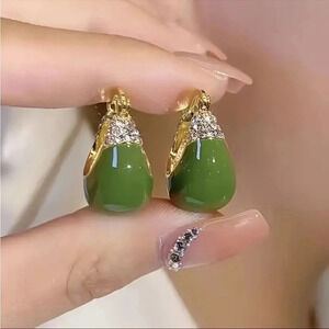 Green Enamel Teardrop Hoop Earrings Gold Tone Simulated Diamond NWT